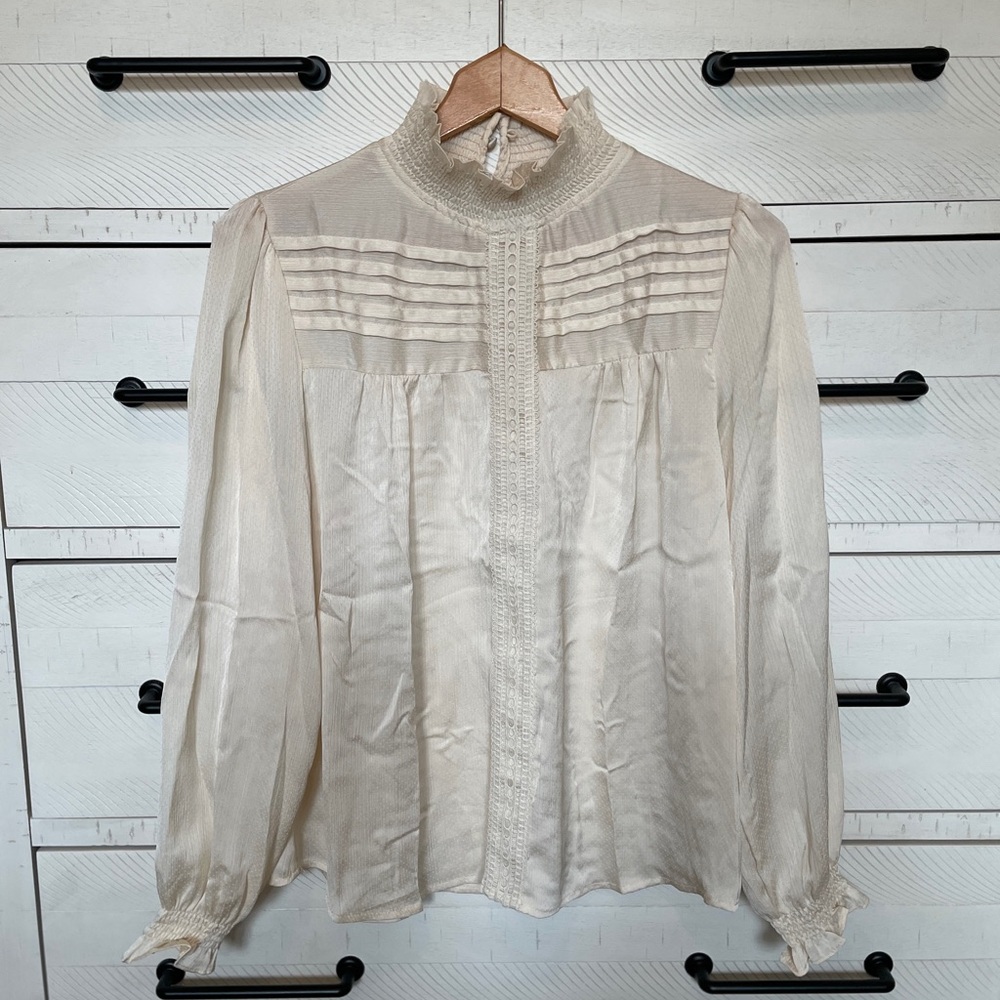 Cream Pleated Long Sleeve Blouse with Mandarin Collar